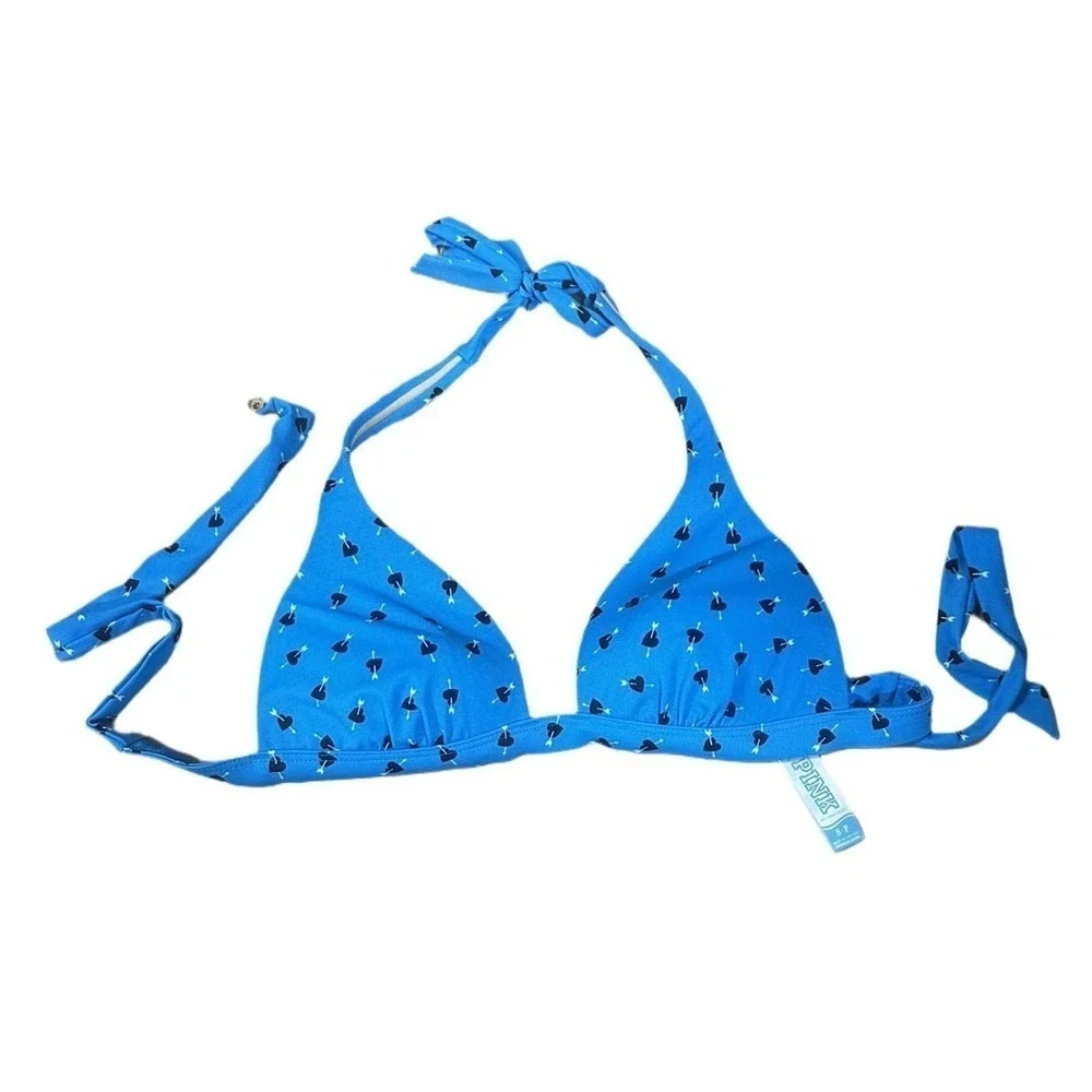 Victoria's Secret Vintage 2010 Blue Black Hearts Tie Bikini Top Size Small